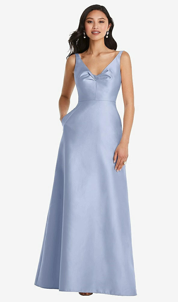 Front View - Sky Blue Pleated Bodice Open-Back Maxi Dress with Pockets