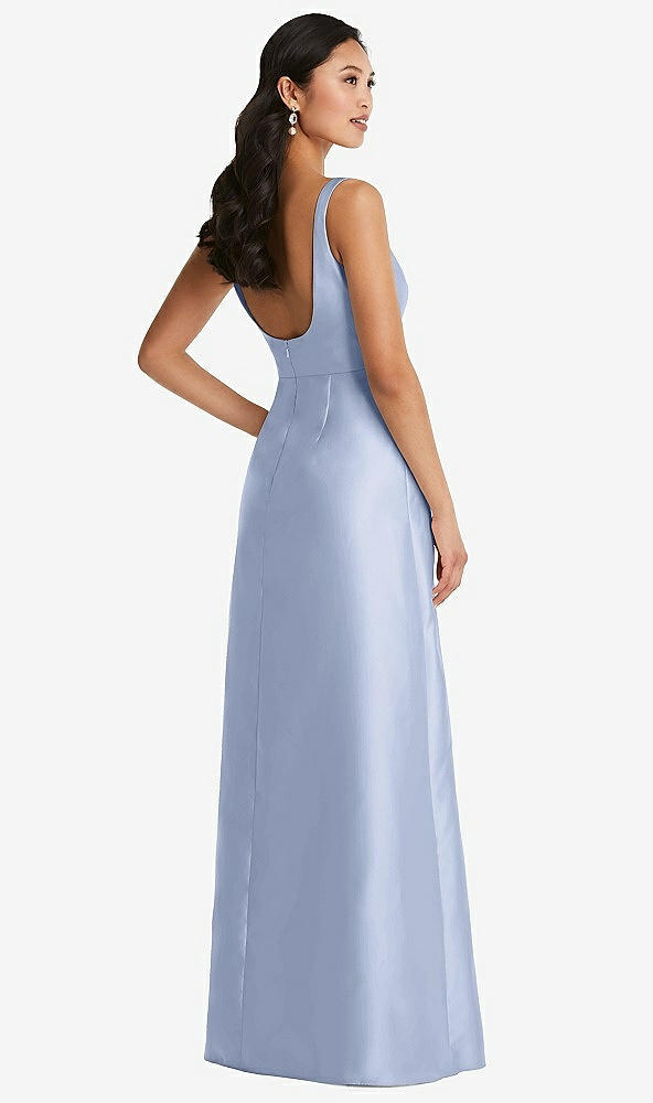 Back View - Sky Blue Pleated Bodice Open-Back Maxi Dress with Pockets