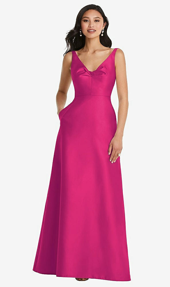 Front View - Think Pink Pleated Bodice Open-Back Maxi Dress with Pockets