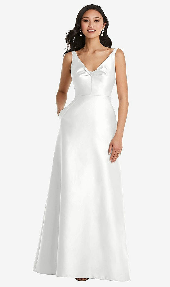 Front View - White Pleated Bodice Open-Back Maxi Dress with Pockets