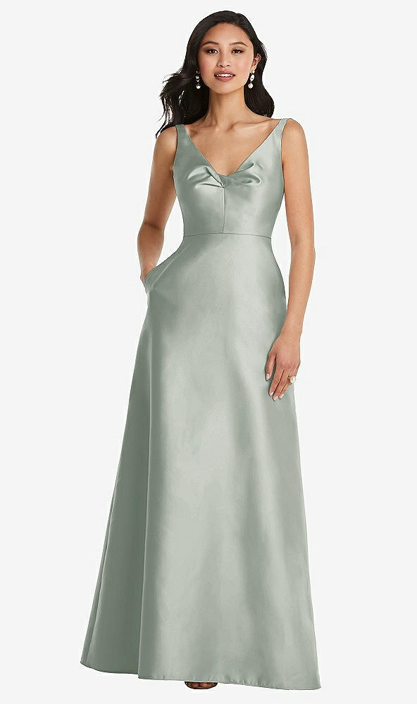 Front View - Willow Green Pleated Bodice Open-Back Maxi Dress with Pockets