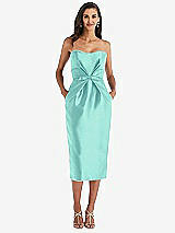 Front View Thumbnail - Coastal Strapless Bow-Waist Pleated Satin Pencil Dress with Pockets