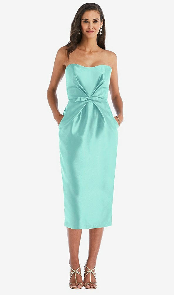Front View - Coastal Strapless Bow-Waist Pleated Satin Pencil Dress with Pockets