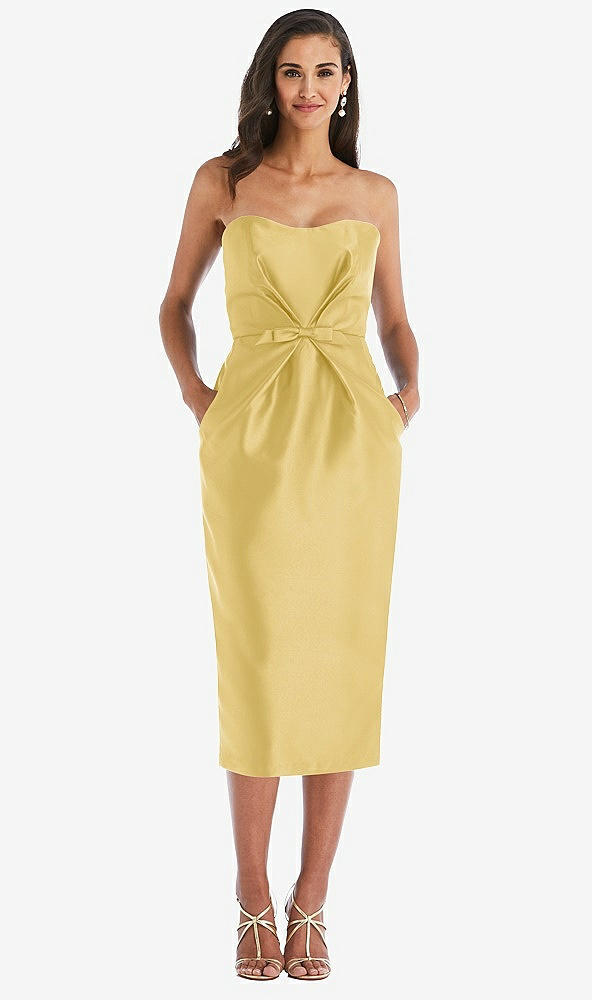 Front View - Maize Strapless Bow-Waist Pleated Satin Pencil Dress with Pockets