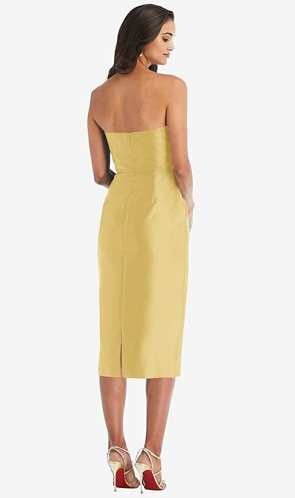 Back View - Maize Strapless Bow-Waist Pleated Satin Pencil Dress with Pockets