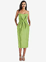 Front View Thumbnail - Mojito Strapless Bow-Waist Pleated Satin Pencil Dress with Pockets