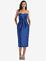 Front View Thumbnail - Classic Blue Strapless Bow-Waist Pleated Satin Pencil Dress with Pockets