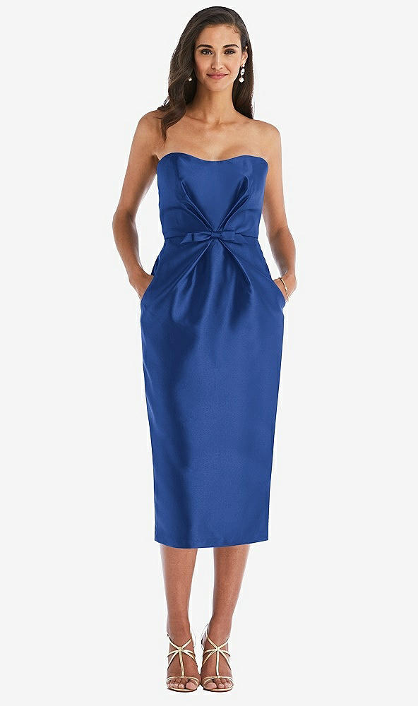 Front View - Classic Blue Strapless Bow-Waist Pleated Satin Pencil Dress with Pockets