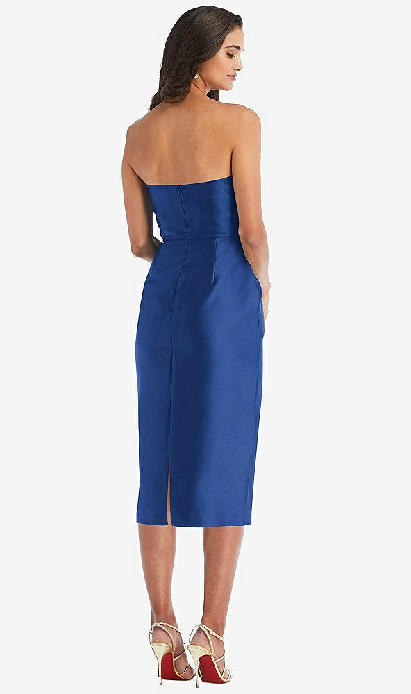 Back View - Classic Blue Strapless Bow-Waist Pleated Satin Pencil Dress with Pockets