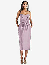Front View Thumbnail - Suede Rose Strapless Bow-Waist Pleated Satin Pencil Dress with Pockets