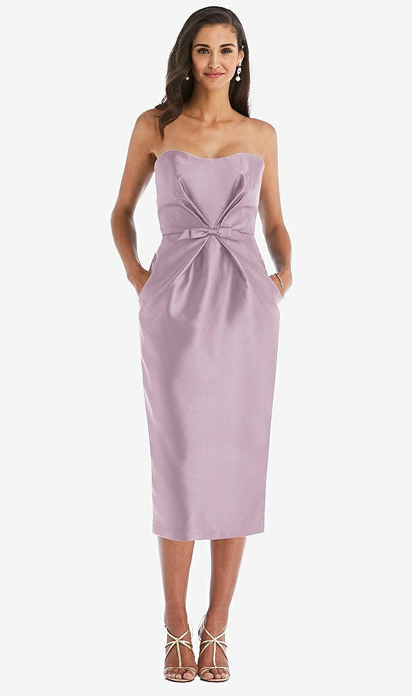 Front View - Suede Rose Strapless Bow-Waist Pleated Satin Pencil Dress with Pockets