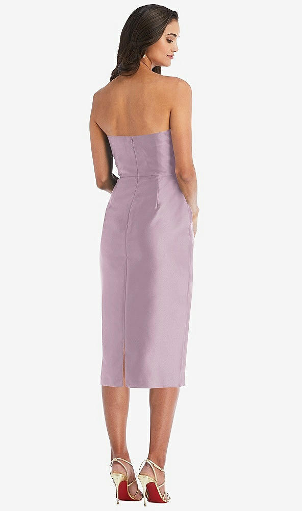 Back View - Suede Rose Strapless Bow-Waist Pleated Satin Pencil Dress with Pockets