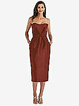 Front View Thumbnail - Auburn Moon Strapless Bow-Waist Pleated Satin Pencil Dress with Pockets