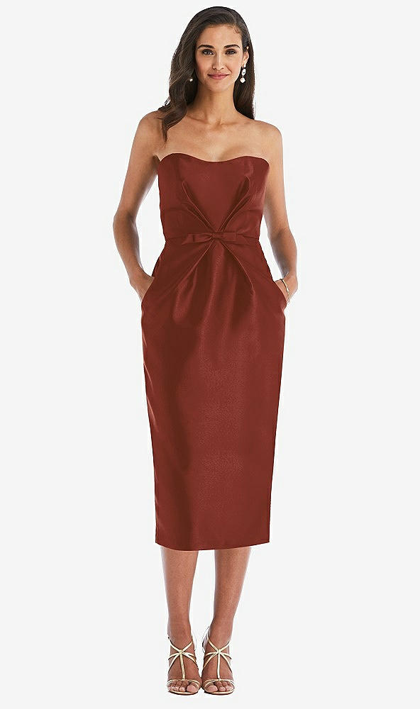 Front View - Auburn Moon Strapless Bow-Waist Pleated Satin Pencil Dress with Pockets