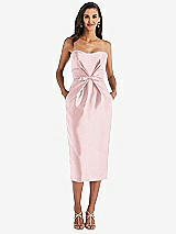 Front View Thumbnail - Ballet Pink Strapless Bow-Waist Pleated Satin Pencil Dress with Pockets