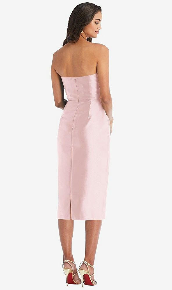 Back View - Ballet Pink Strapless Bow-Waist Pleated Satin Pencil Dress with Pockets