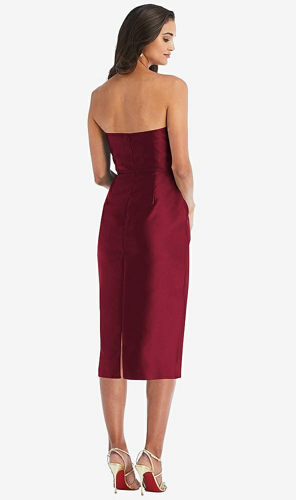 Back View - Burgundy Strapless Bow-Waist Pleated Satin Pencil Dress with Pockets
