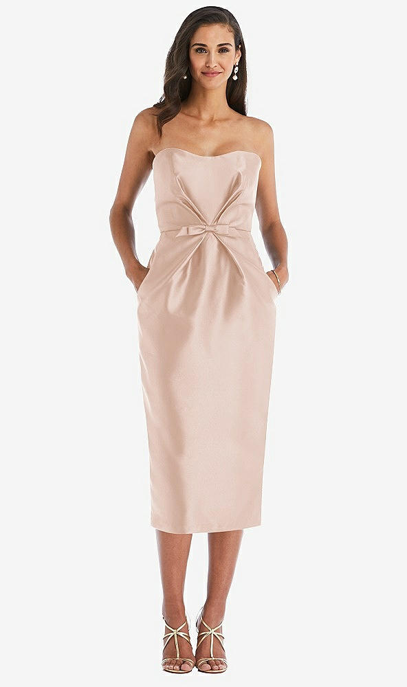 Front View - Cameo Strapless Bow-Waist Pleated Satin Pencil Dress with Pockets