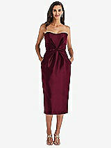 Front View Thumbnail - Cabernet Strapless Bow-Waist Pleated Satin Pencil Dress with Pockets