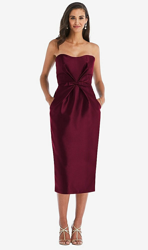 Front View - Cabernet Strapless Bow-Waist Pleated Satin Pencil Dress with Pockets
