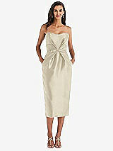 Front View Thumbnail - Champagne Strapless Bow-Waist Pleated Satin Pencil Dress with Pockets