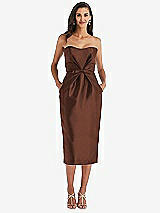 Front View Thumbnail - Cognac Strapless Bow-Waist Pleated Satin Pencil Dress with Pockets