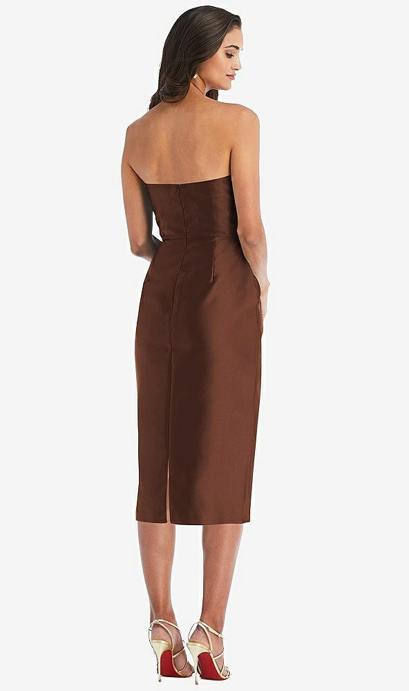 Back View - Cognac Strapless Bow-Waist Pleated Satin Pencil Dress with Pockets