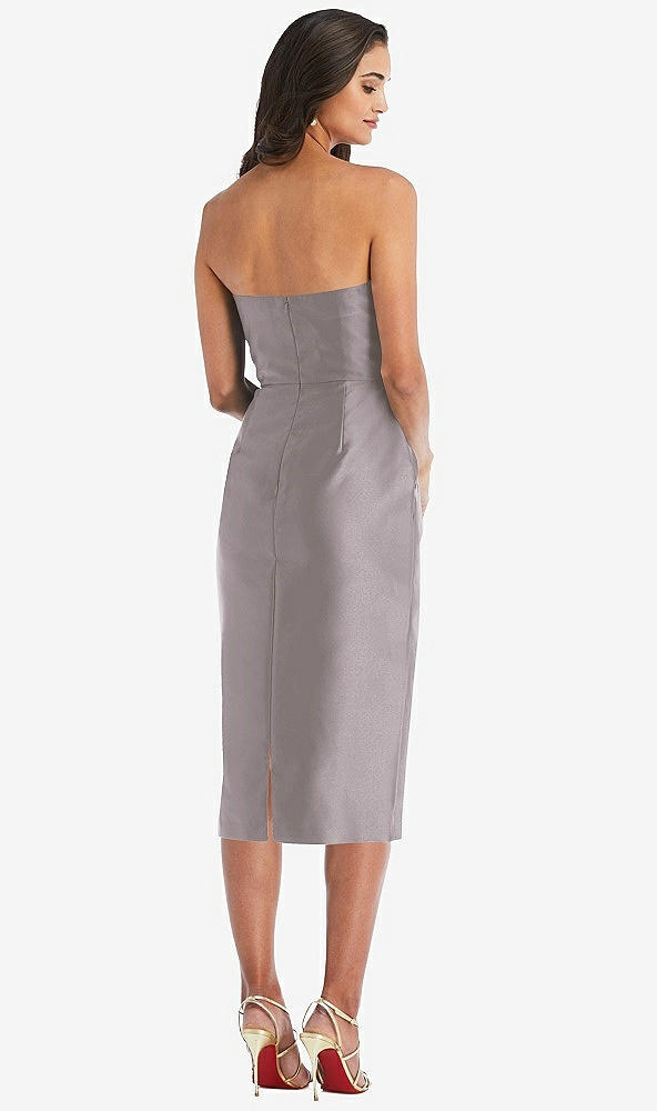 Back View - Cashmere Gray Strapless Bow-Waist Pleated Satin Pencil Dress with Pockets