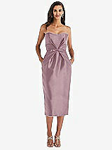 Front View Thumbnail - Dusty Rose Strapless Bow-Waist Pleated Satin Pencil Dress with Pockets
