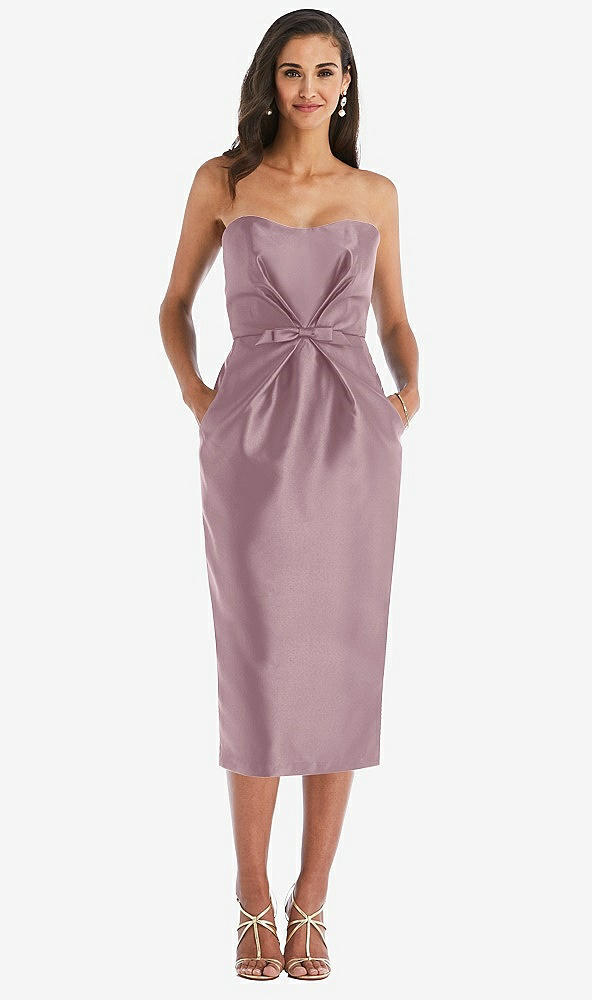 Front View - Dusty Rose Strapless Bow-Waist Pleated Satin Pencil Dress with Pockets