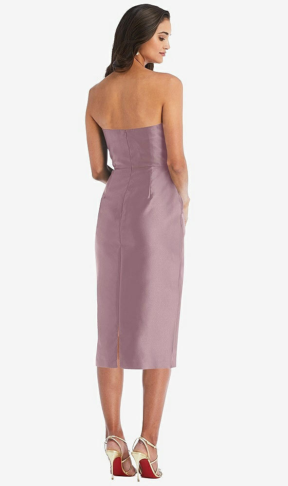 Back View - Dusty Rose Strapless Bow-Waist Pleated Satin Pencil Dress with Pockets