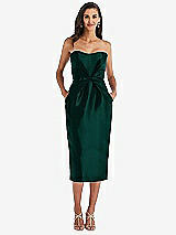 Front View Thumbnail - Evergreen Strapless Bow-Waist Pleated Satin Pencil Dress with Pockets