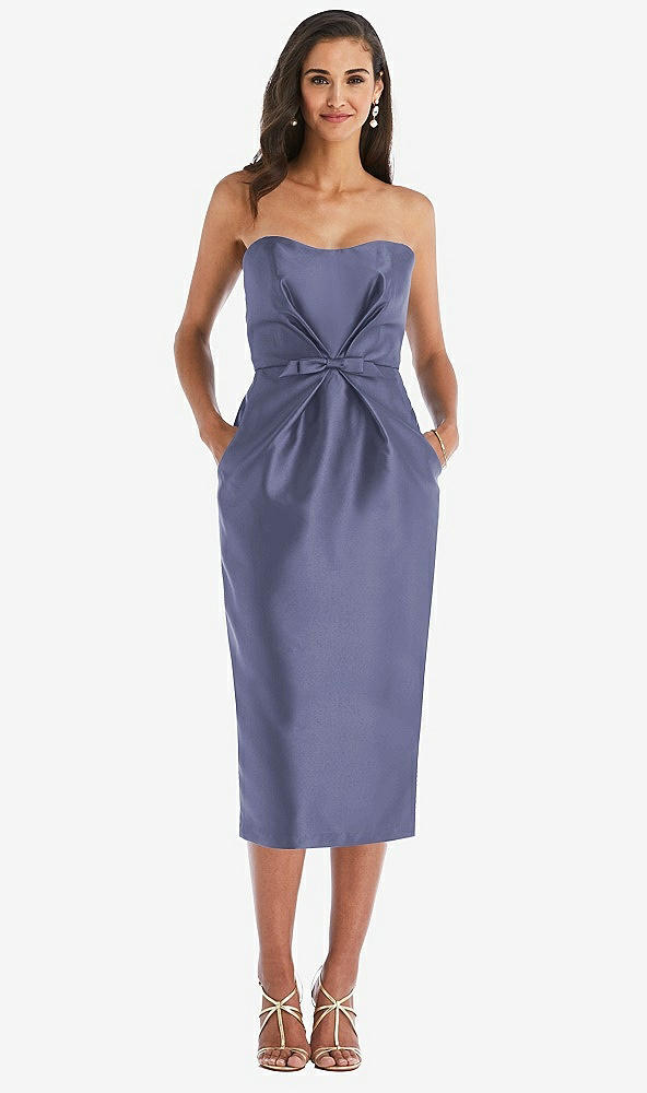 Front View - French Blue Strapless Bow-Waist Pleated Satin Pencil Dress with Pockets