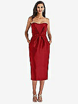 Front View Thumbnail - Garnet Strapless Bow-Waist Pleated Satin Pencil Dress with Pockets