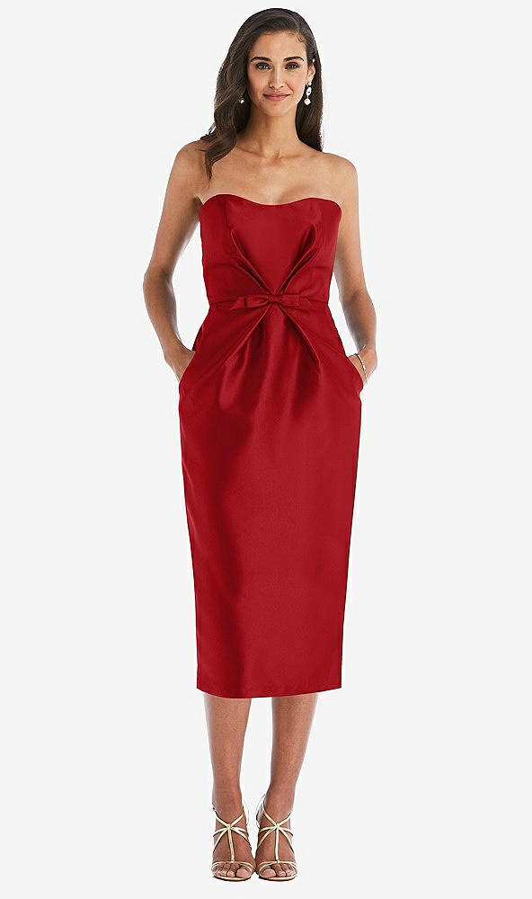 Front View - Garnet Strapless Bow-Waist Pleated Satin Pencil Dress with Pockets