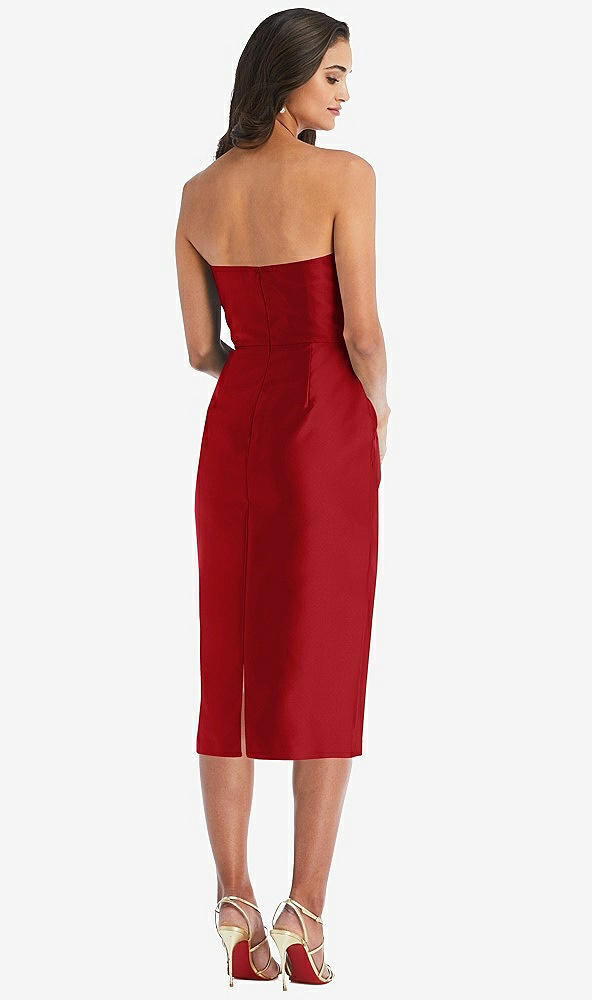 Back View - Garnet Strapless Bow-Waist Pleated Satin Pencil Dress with Pockets