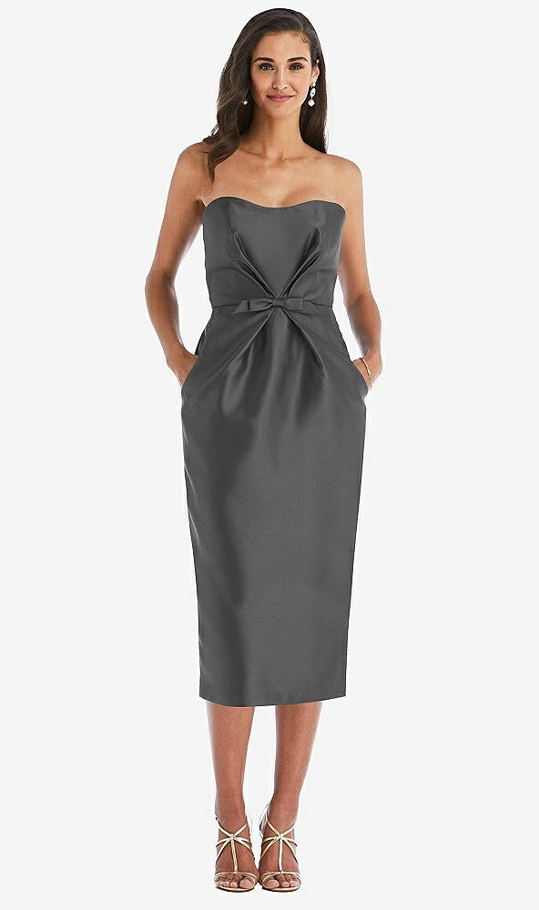 Front View - Gunmetal Strapless Bow-Waist Pleated Satin Pencil Dress with Pockets