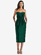 Front View Thumbnail - Hunter Green Strapless Bow-Waist Pleated Satin Pencil Dress with Pockets