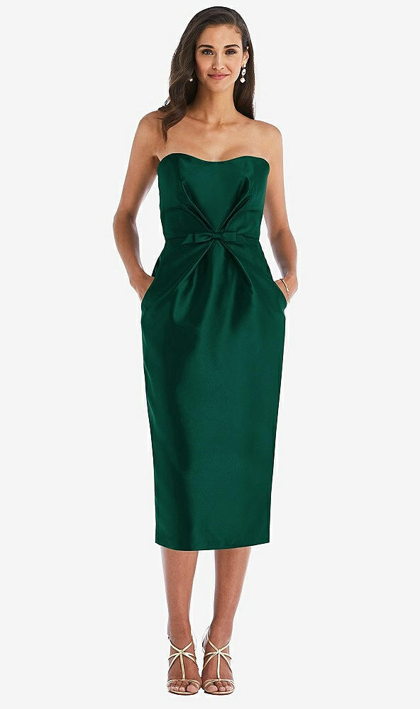 Front View - Hunter Green Strapless Bow-Waist Pleated Satin Pencil Dress with Pockets