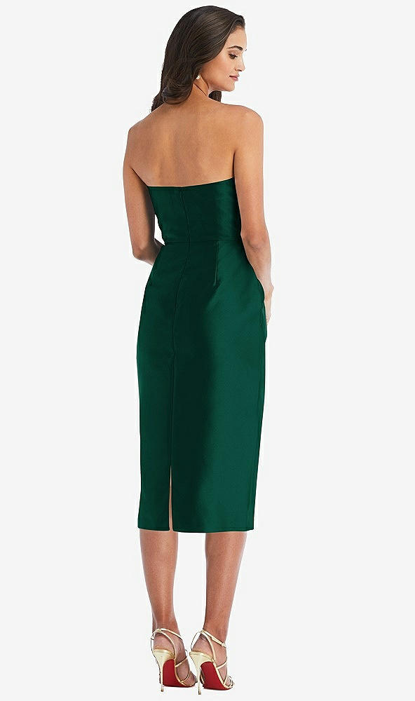 Back View - Hunter Green Strapless Bow-Waist Pleated Satin Pencil Dress with Pockets