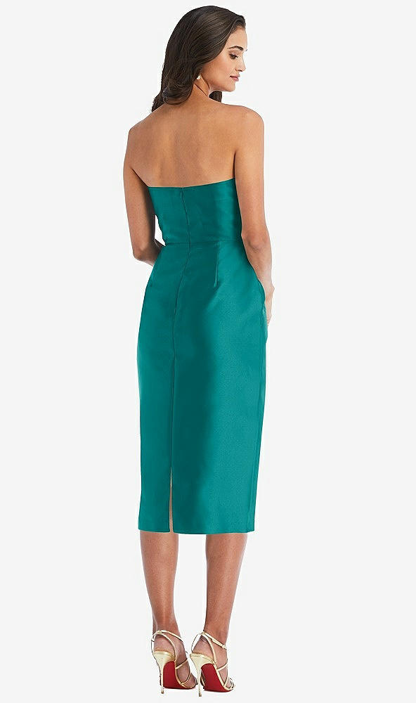 Back View - Jade Strapless Bow-Waist Pleated Satin Pencil Dress with Pockets