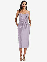 Front View Thumbnail - Lilac Haze Strapless Bow-Waist Pleated Satin Pencil Dress with Pockets