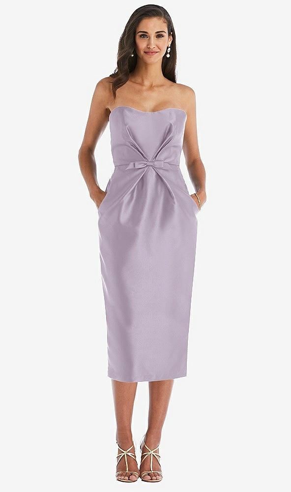 Front View - Lilac Haze Strapless Bow-Waist Pleated Satin Pencil Dress with Pockets