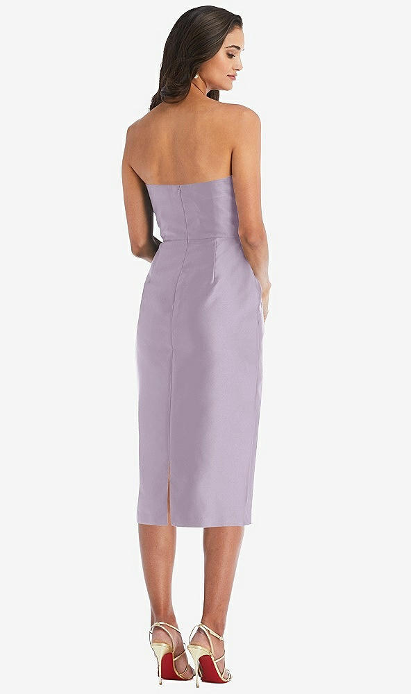 Back View - Lilac Haze Strapless Bow-Waist Pleated Satin Pencil Dress with Pockets