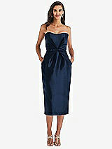 Front View Thumbnail - Midnight Navy Strapless Bow-Waist Pleated Satin Pencil Dress with Pockets