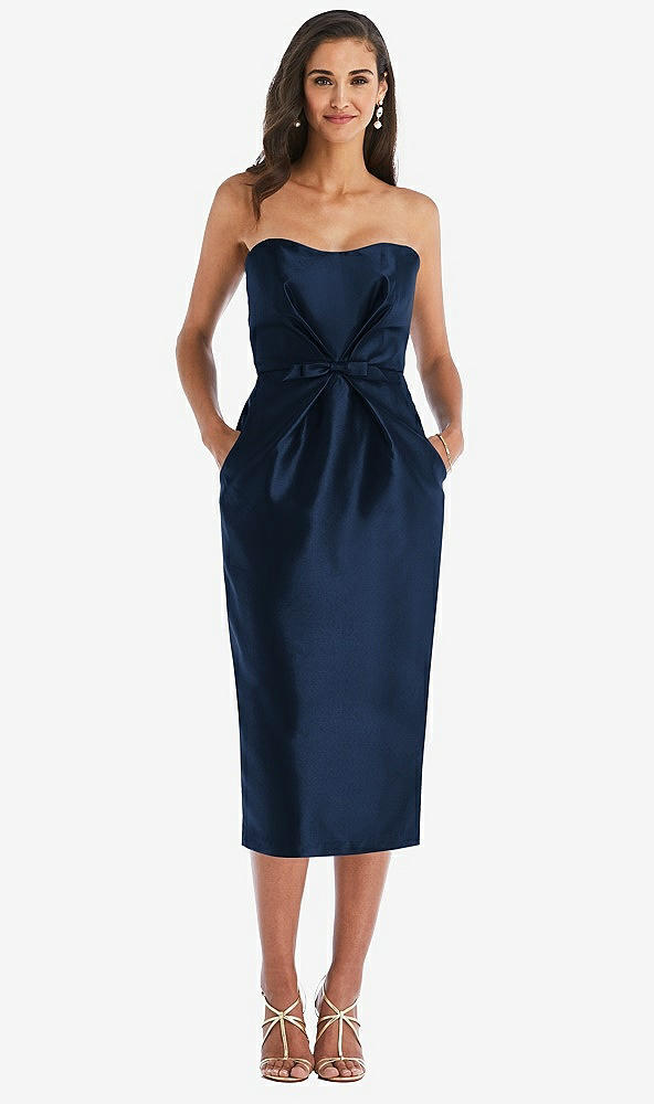 Front View - Midnight Navy Strapless Bow-Waist Pleated Satin Pencil Dress with Pockets