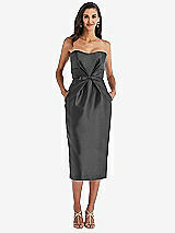 Front View Thumbnail - Pewter Strapless Bow-Waist Pleated Satin Pencil Dress with Pockets
