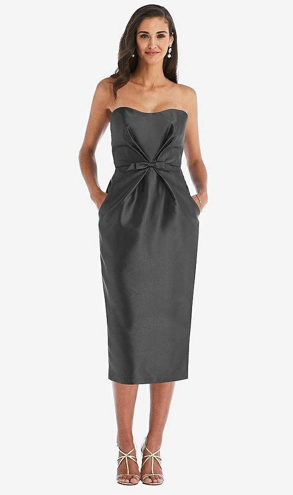 Front View - Pewter Strapless Bow-Waist Pleated Satin Pencil Dress with Pockets