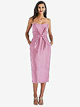 Front View Thumbnail - Powder Pink Strapless Bow-Waist Pleated Satin Pencil Dress with Pockets