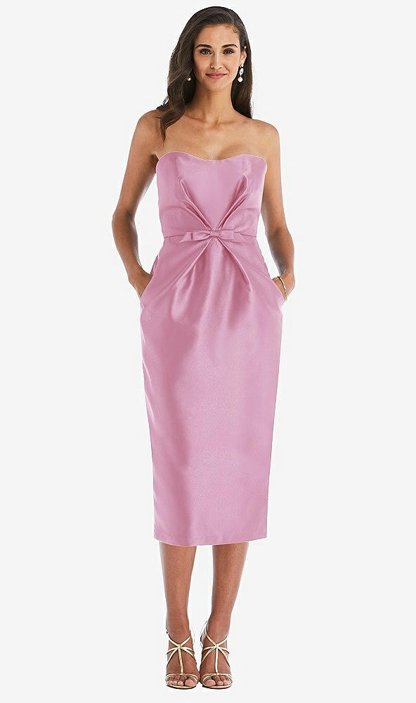Front View - Powder Pink Strapless Bow-Waist Pleated Satin Pencil Dress with Pockets